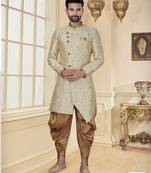 Cream  jackard emroidery work booti mens indo western sherwani
