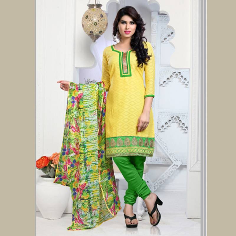 Yellow and Green Embroidered Mix Cotton Unstitched Dress Material - Swaron  - 686736