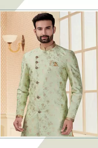 C green havy jackard with full emroidery work mens indo western sherwani