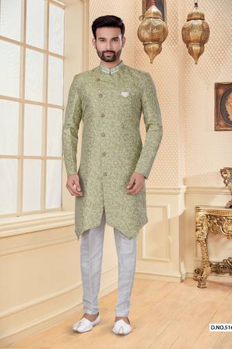 Light green havy jackard with full emroidery jari work mens indo western sherwani