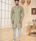 Light green havy jackard with full emroidery jari work mens indo western sherwani