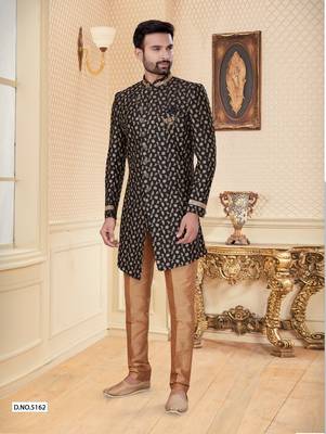 Black havy jackard with full emroidery work mens indo western sherwani 1