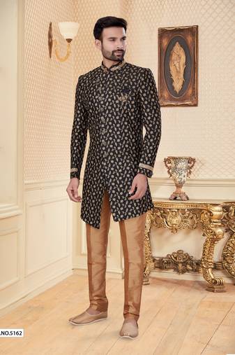 Black havy jackard with full emroidery work mens indo western sherwani