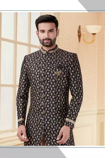 Black havy jackard with full emroidery work mens indo western sherwani