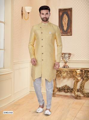 Lemon havy jackard with full emroidery work mens indo western sherwani 1