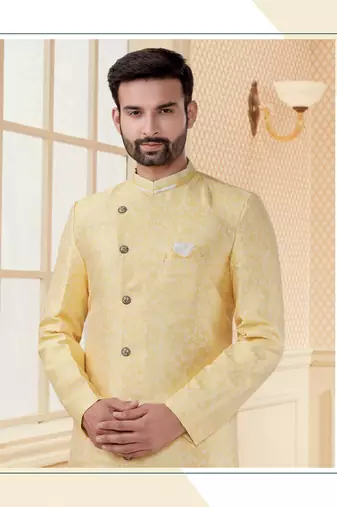 Lemon havy jackard with full emroidery work mens indo western sherwani