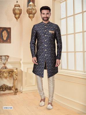Nevy blue havy jackard with jari work mens indo western sherwani 1