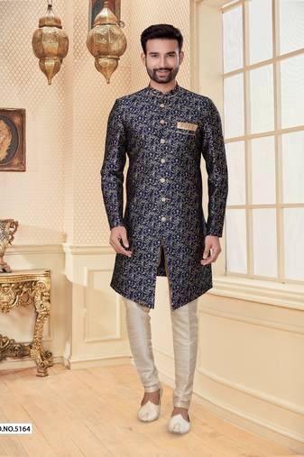Nevy blue havy jackard with jari work mens indo western sherwani