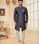 Nevy blue havy jackard with jari work mens indo western sherwani