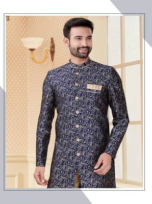 Nevy blue havy jackard with jari work mens indo western sherwani 2