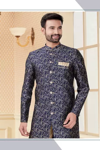 Nevy blue havy jackard with jari work mens indo western sherwani