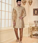 Gold slub silk mens indo western sherwani