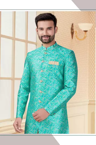 C. green havy jackard with full emroidery work mens indo western sherwani