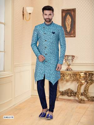 Sky blue havy jackard with jari work mens indo western sherwani 1
