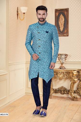 Sky blue havy jackard with jari work mens indo western sherwani
