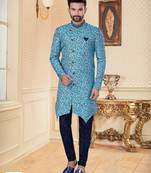 Sky blue havy jackard with jari work mens indo western sherwani