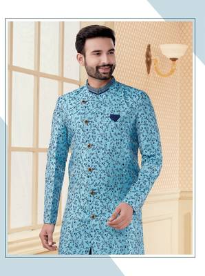 Sky blue havy jackard with jari work mens indo western sherwani 2