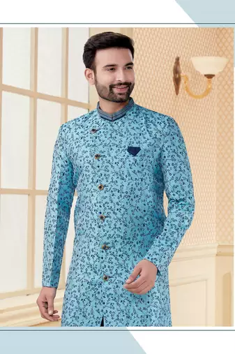 Sky blue havy jackard with jari work mens indo western sherwani