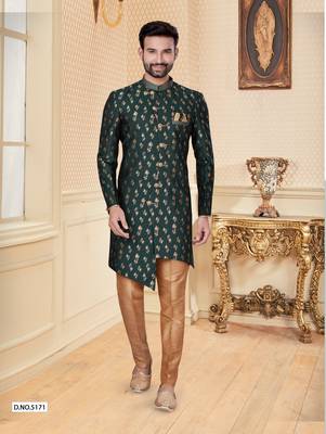 Bottal green havy jackard with jari work mens indo western sherwani 1