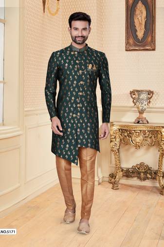 Bottal green havy jackard with jari work mens indo western sherwani