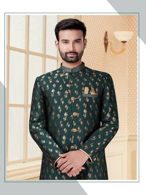 Bottal green havy jackard with jari work mens indo western sherwani 2