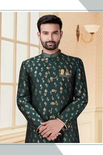 Bottal green havy jackard with jari work mens indo western sherwani