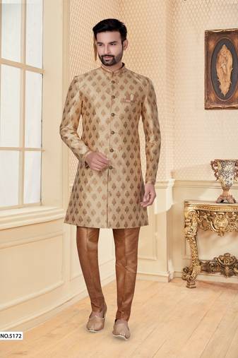 Gold  jackard emroidery work booti mens indo western sherwani