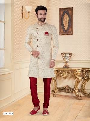 Cream havy jackard with jari work mens indo western sherwani 1