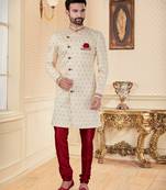 Cream havy jackard with jari work mens indo western sherwani