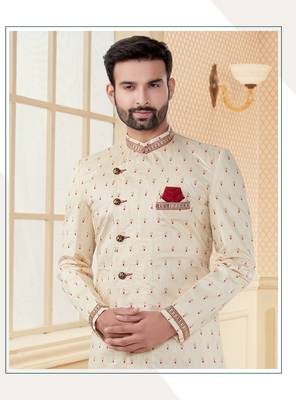 Cream havy jackard with jari work mens indo western sherwani 2