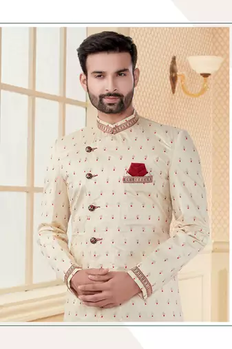 Cream havy jackard with jari work mens indo western sherwani