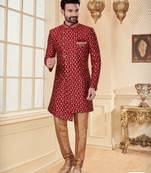 Maroon havy jackard with full emroidery jari work mens indo western sherwani
