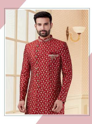 Maroon havy jackard with full emroidery jari work mens indo western sherwani 2