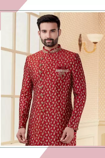 Maroon havy jackard with full emroidery jari work mens indo western sherwani