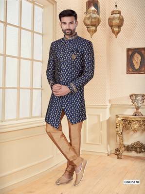 Nevy blue havy jackard with full emroidery jari work mens indo western sherwani 1