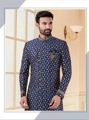 Nevy blue havy jackard with full emroidery jari work mens indo western sherwani 2