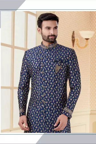 Nevy blue havy jackard with full emroidery jari work mens indo western sherwani