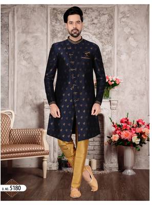 Nevy blue havy jackard with zari work mens indo western sherwani 1