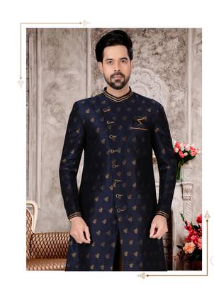 Nevy blue havy jackard with zari work mens indo western sherwani 2