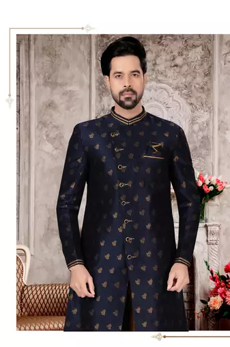 Nevy blue havy jackard with zari work mens indo western sherwani