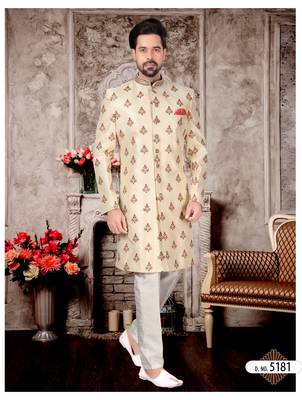 Cream havy jackard with full emroidery hand zari work mens indo western sherwani 1
