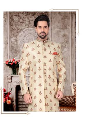 Cream havy jackard with full emroidery hand zari work mens indo western sherwani 2