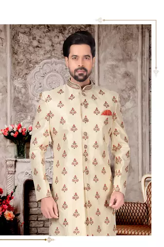 Cream havy jackard with full emroidery hand zari work mens indo western sherwani