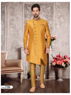 Gold havy jackard with zari work & hand work mens indo western sherwani 1