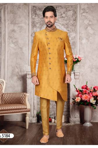 Gold havy jackard with zari work & hand work mens indo western sherwani