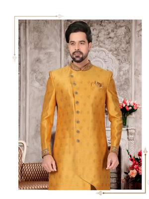 Gold havy jackard with zari work & hand work mens indo western sherwani 2