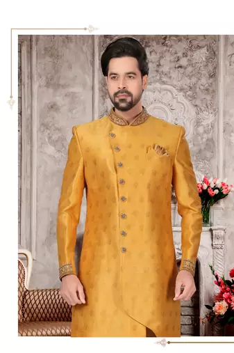 Gold havy jackard with zari work & hand work mens indo western sherwani