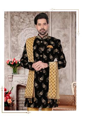 Black velvet with full amroidery ,hand work mens indo western sherwani 2
