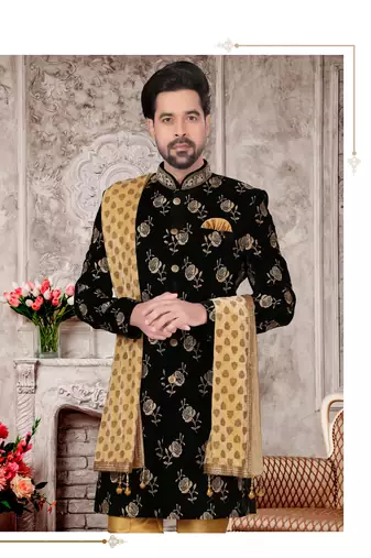 Black velvet with full amroidery ,hand work mens indo western sherwani
