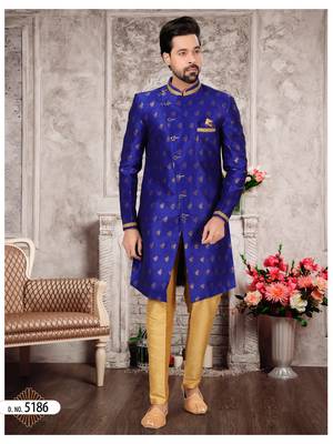 Royal blue havy jackard with zari work mens indo western sherwani 1
